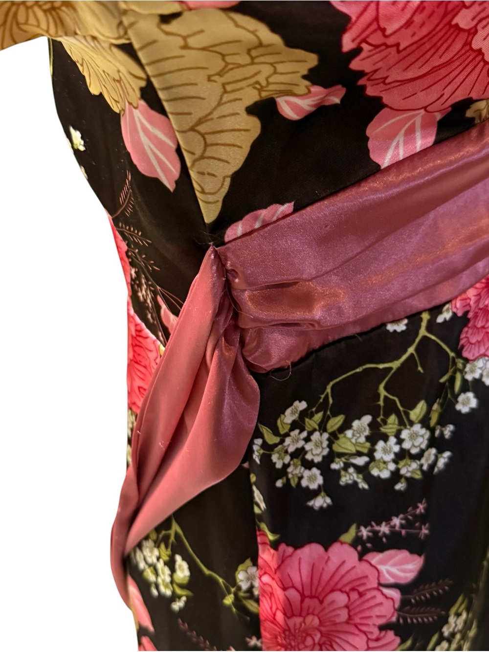 Forever 21 Brown Floral Satin Kimono V-Neck Top women’s sz Large Obi Belt - Picture 8 of 10